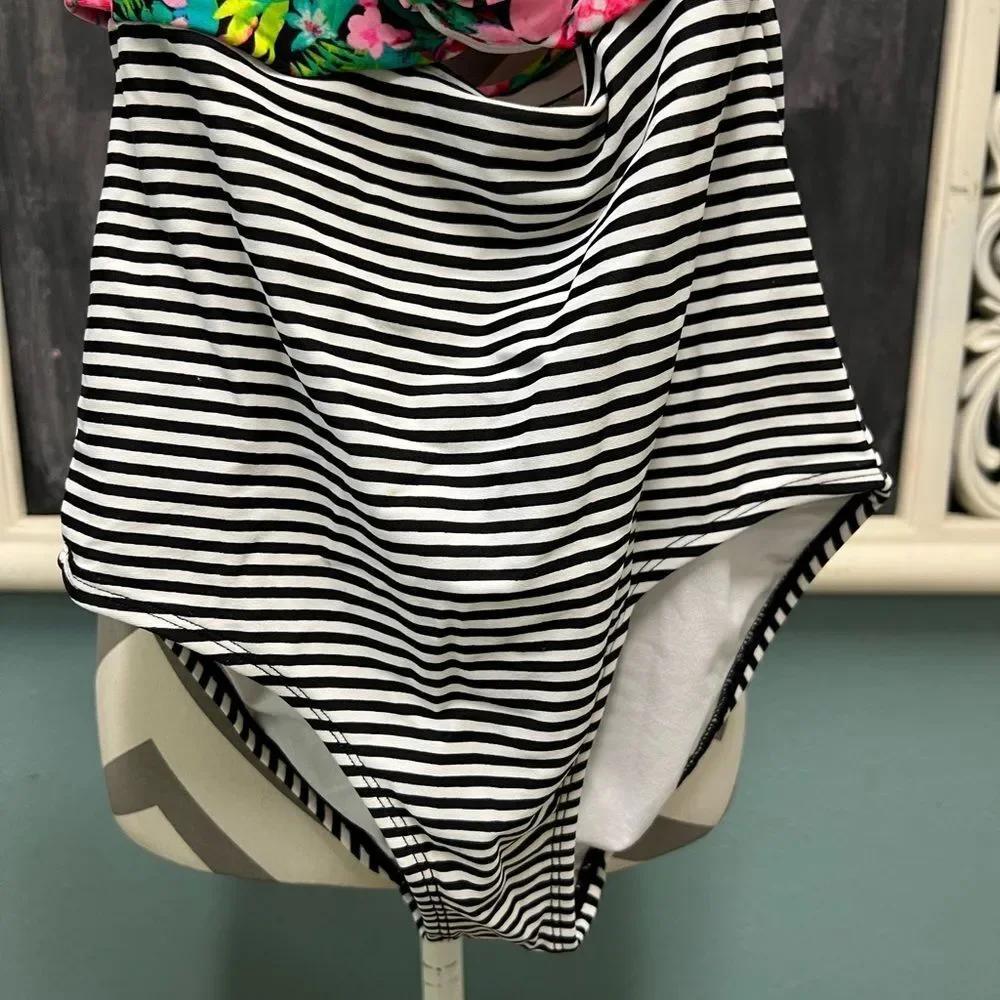 OP Pink Floral and Black Striped One Piece Swimsuit